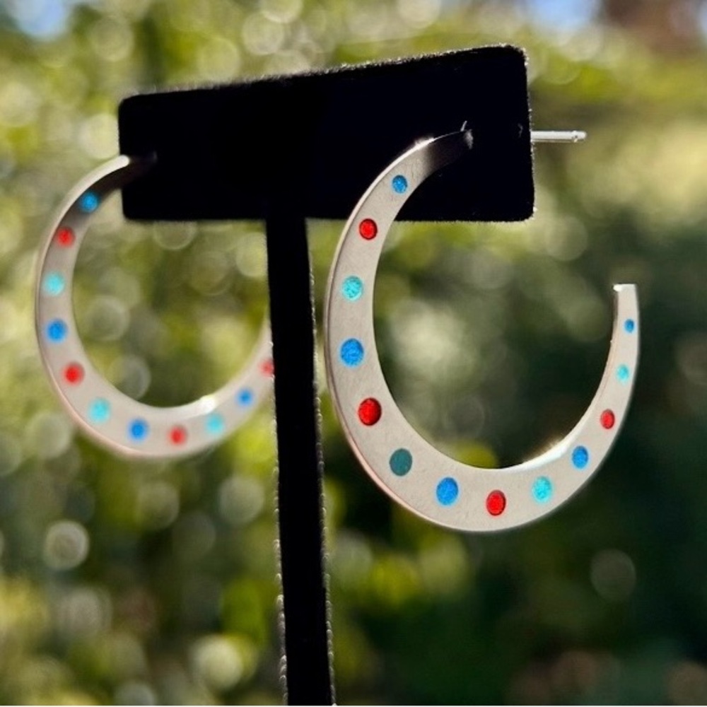 Sterling Silver Hoop Earrings with Red, Turquoise and Blue Stain Glass Dots